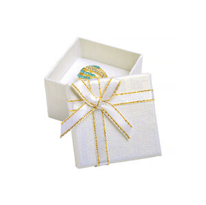 JKBOX Biela papierová krabička s mašľou so zlatým okrajom na prsteň alebo náušnice IK011
